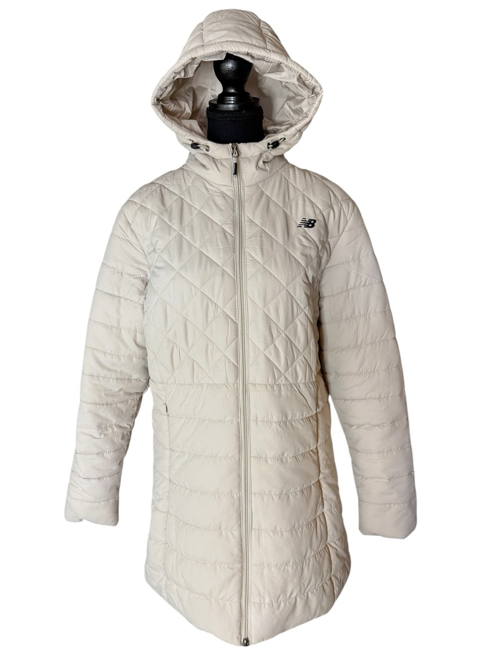 NEW BALANCE Hooded Quilted Puffer Coat Ivory Cream Pockets Medium
